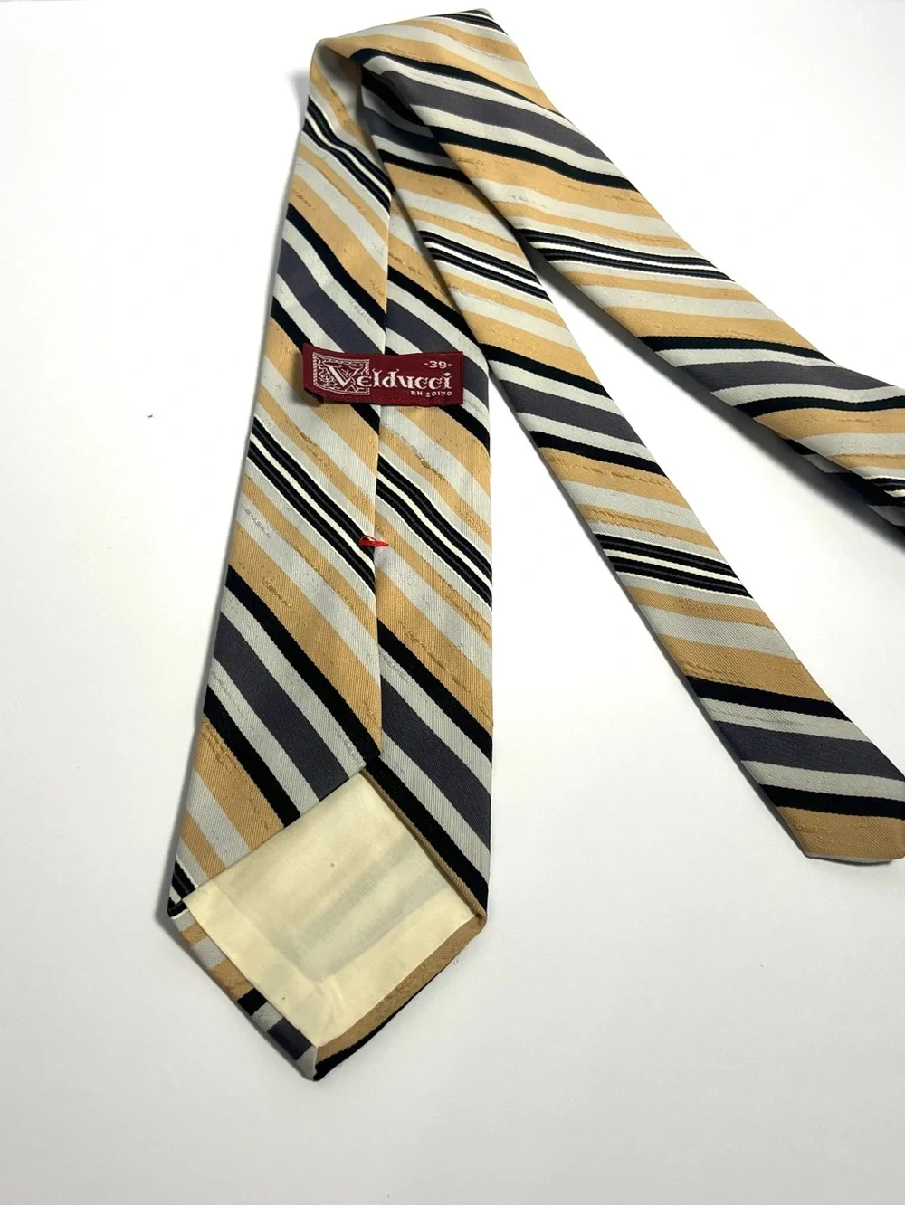 Vintage Velducci Stripped Necktie Beige Gray Black Polyester Men’s Tie